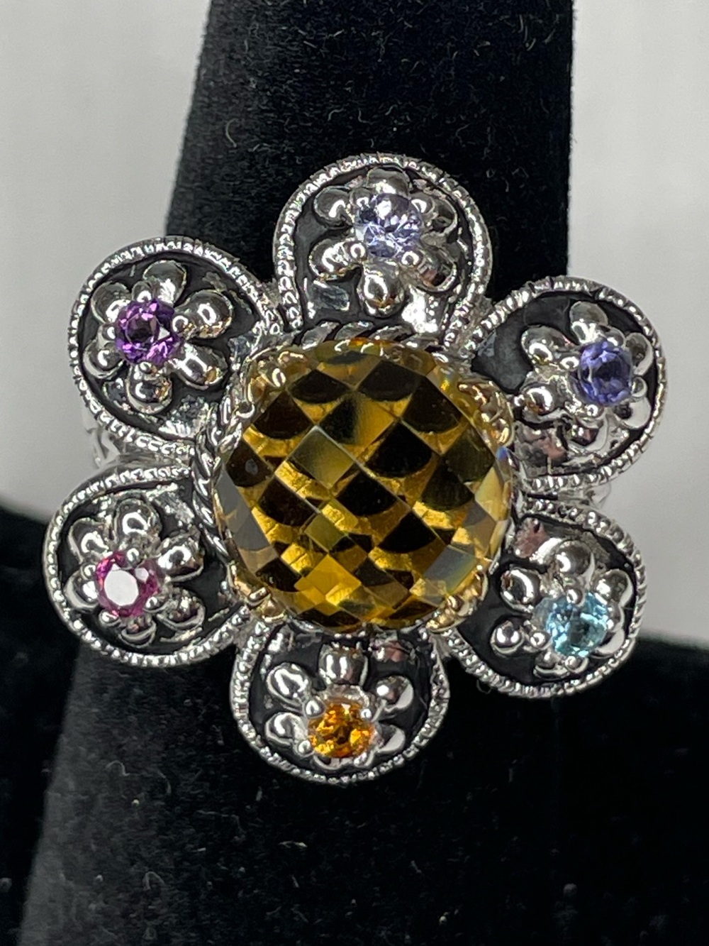 EFFY Vintage Silver Floral Filigree Multi-Stone Women Ring - Size 7.5